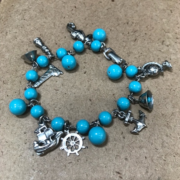 Vintage blue charm bracelet ship wheel bell seahorse anchor globe lighthouse - Picture 5 of 8